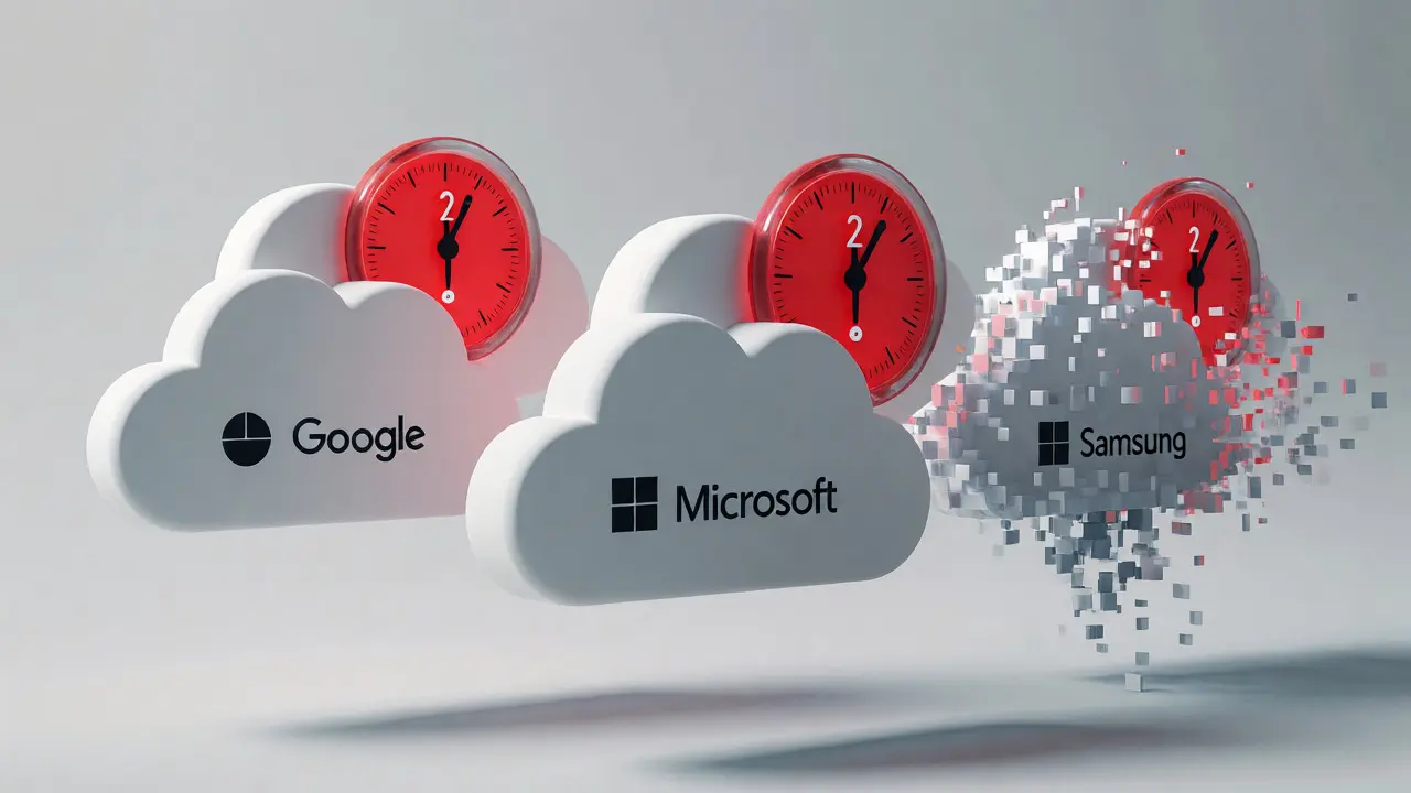Servidores de nube desapareciendo con temporizadores rojos mostrando plazos estrictos de inactividad por proveedor.